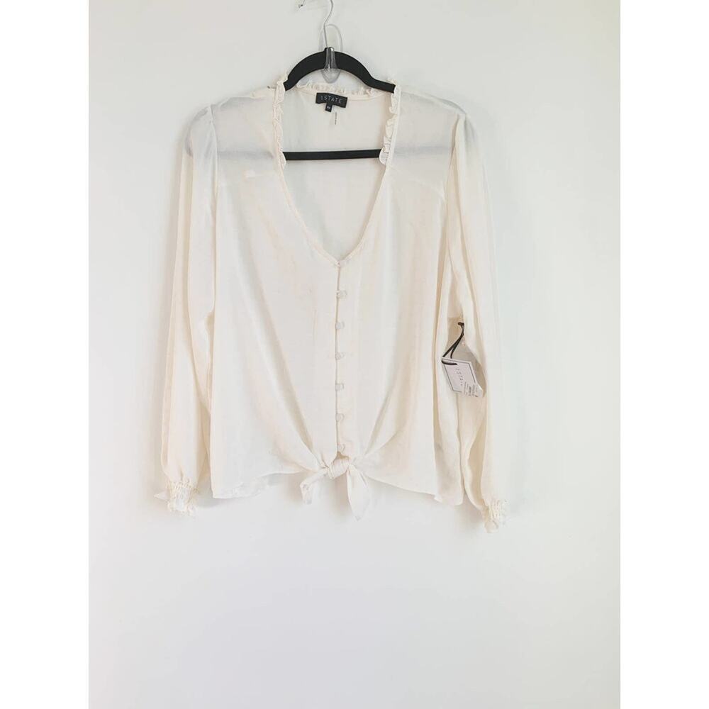 1. State Women's Long Sleeve Sheer Windowpane Tie Front Blouse Ivory NWT - Picture 2 of 8